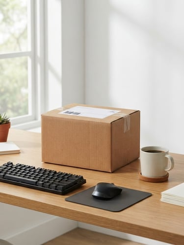 Straight-on medium shot of a clean, minimalist professional workspace with a neatly organized desk, a closed cardboard shipping box with a clean label, a ceramic mug, bright natural daylight streaming from a window, soft shadows, crisp focus.