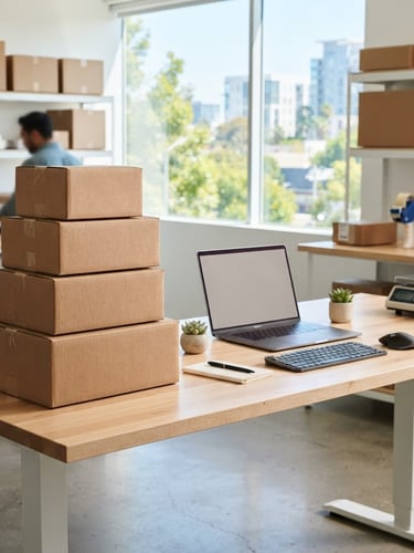 A bright, modern corporate workspace in California with neat stacks of shipping boxes, clean desk setup, bright natural daylight, professional and organized atmosphere.