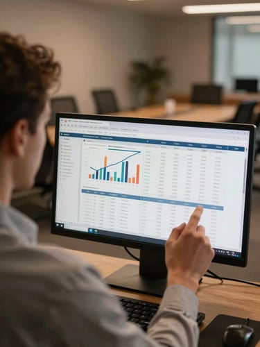 Over-the-shoulder view of a founder reviewing a multi-tab financial model on a large monitor, warm tungsten office light, mostly-empty war room visible in background, tight crop on screen and hands