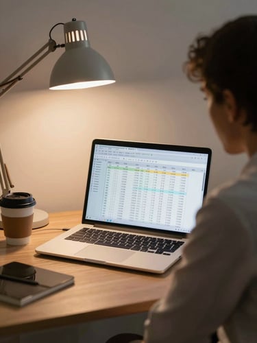 Over-the-shoulder view of a founder reviewing a financial model on a laptop screen in a sparse office, warm tungsten desk lamp casting a focused pool of light, spreadsheet columns visible on screen, coffee cup at the edge of frame, no people's faces visible