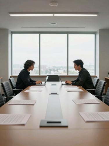 Wide shot of a nearly-empty conference room, two founders seated across a small table with laptops open, daylight from a large window, documents spread flat, low horizon framing