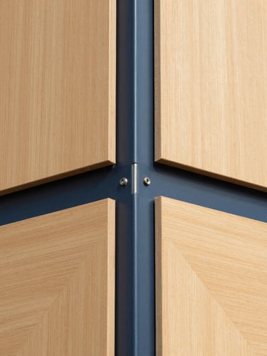 Architectural detail shot of a premium modular wall joint, showcasing clean steel connections, high-end wood paneling, and technical precision, bright daylight, 35mm
