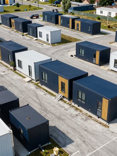 Wide aerial drone shot of a modern modular home manufacturing facility in Europe, clean organized outdoor storage, finished residential units ready for transport