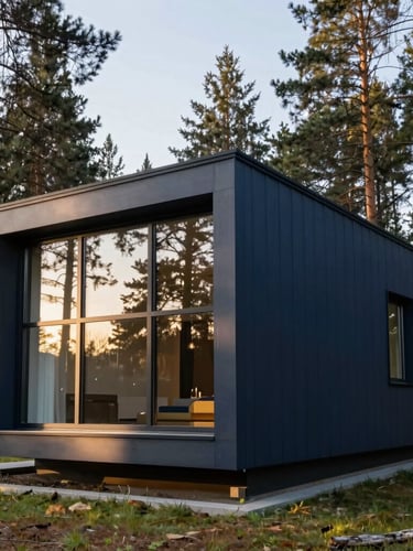 Premium modern modular home situated in a pristine Czech pine forest, soft morning light reflecting off large glass windows, sharp architectural lines, 35mm photography