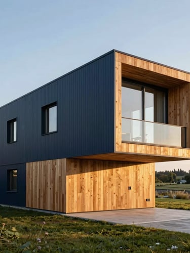 Wide environmental shot of a modern minimalist modular home with sharp geometric lines, premium wood and steel finishes, set in a clean Czech landscape, soft golden hour light, 35mm photography