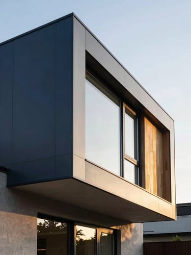Premium architectural photograph of a modern modular home with clean geometric lines, soft golden hour lighting, steel and wood joints visible, high-end construction
