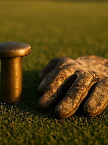 Close-up of a brass tee marker and worn leather golf glove resting on clipped turf, warm tungsten light from the side, shallow depth of field, no people, editorial stillness
