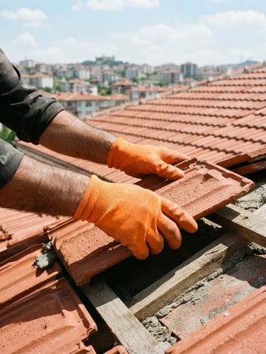 Hands of a professional Turkish roofing master laying red clay tiles on an Ankara residential roof under bright natural daylight, crisp details, safety orange work gloves