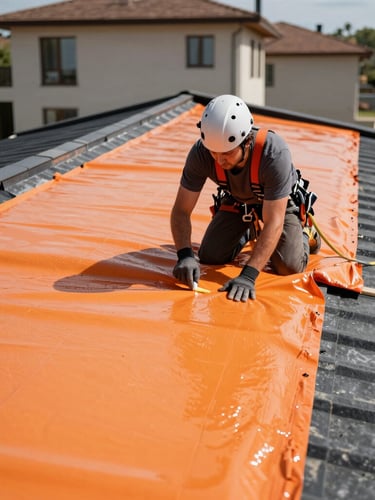 Close-up of a professional roofer applying orange membrane waterproofing isolation on a modern residential roof in Ankara, bright outdoor daylight