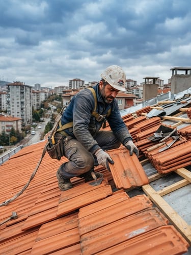 Realistic outdoor construction photography of a professional roof worker laying orange clay tiles on an Ankara apartment building, cloudy autumn daylight, crisp details, slate-blue sky