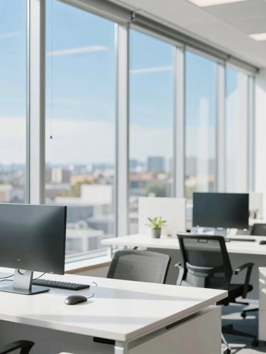 Bright modern office in Draper with floor-to-ceiling windows, soft natural sunlight casting gentle shadows, clean white desks with minimal tech setups, 35mm photography.