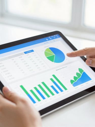 Close-up of hands analyzing clean charts on a tablet, vibrant green and blue UI elements, soft natural window light, professional setting.