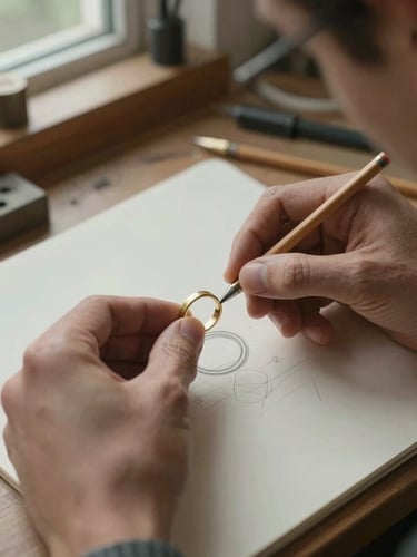 Jeweler's hands holding a custom gold ring commission in progress over a workbench sketchpad, pencil-drawn ring outline visible beneath, warm diffused daylight from an off-frame window, close and unhurried framing