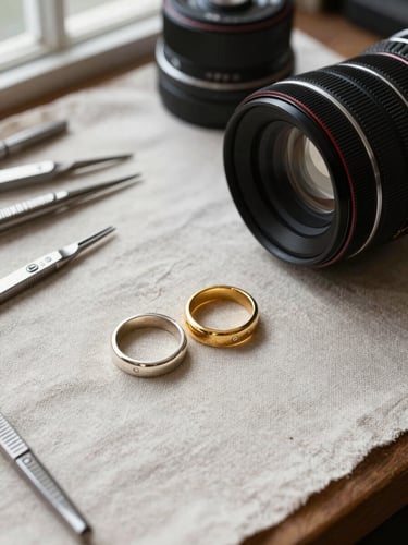 Close overhead view of a jeweler's workbench, finished gold and silver rings resting on a pale linen surface, small tools neatly arranged to one side, soft diffused north-light from a nearby window