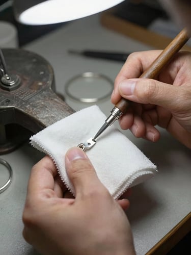 Jeweler's hands using a polishing cloth on a sterling silver bracelet at a workbench, soft diffused light from above, fine detail of the metal surface emerging under the cloth