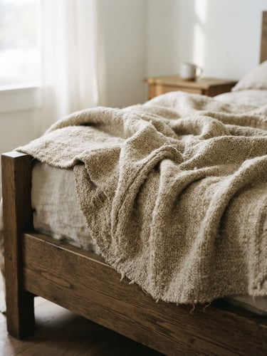Medium shot of a rumpled bed quilt in un-dyed wool draped over a low wooden bedframe, soft indirect morning daylight casting gentle shadows, warm oatmeal tones.