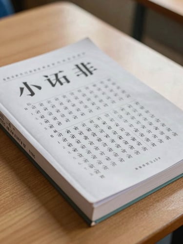 Close-up of printed vernacular textbooks in Khasi and Garo languages resting on a clean wooden desk, bright natural classroom light.