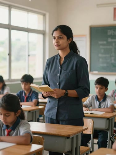 A professional female teacher in Meghalaya leading an active primary classroom, natural window light, bright and realistic environment, front-facing perspective.