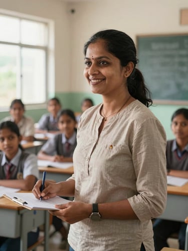 A medium shot of a local teacher in Meghalaya smiling warmly while presenting a lesson in a brightly lit classroom, with students actively participating in the background.