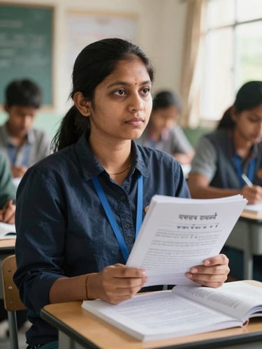 A medium shot of a local teacher in Meghalaya engaged in a training workshop, holding a printed vernacular textbook under natural classroom light.