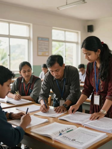Wide environmental shot of a bright classroom in Shillong, local teachers collaborating over printed vernacular textbooks under natural window light.