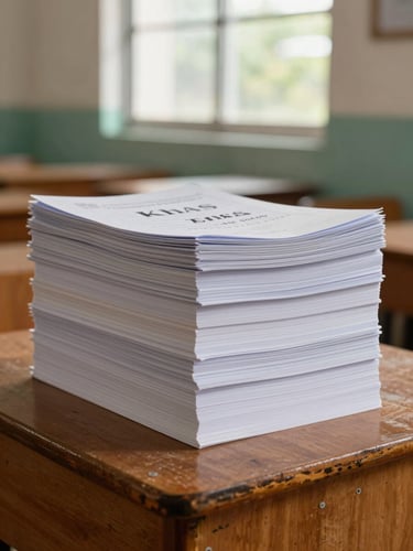 Front-facing preview of printed Khasi and Garo primary school textbooks stacked neatly on a wooden classroom desk, natural window light.