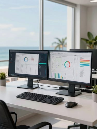 Wide environmental shot of a sophisticated modern nearshore workspace in Latin America, clean desk setups with dual monitors displaying real-time operational dashboard metrics, bright natural daylight