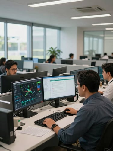 Wide environmental shot of a modern clean Latin American operations hub, bright natural daylight, glass partitions, professional analysts working with dual monitors showing operational dashboards.