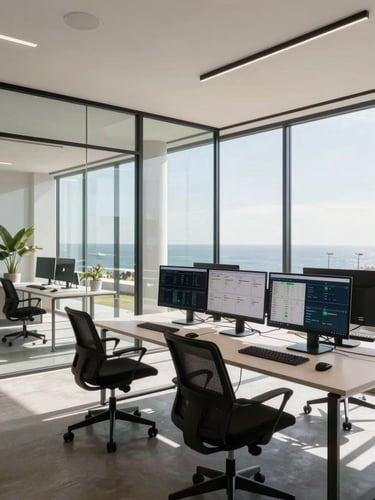 Wide architectural shot of a modern, clean nearshore workspace in Latin America, bright natural daylight, glass walls, minimalist desks with dual monitors showing operational dashboards.