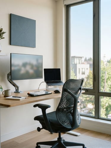 Bright modern office with a clean desk, ergonomic chair, and large window letting in crisp natural daylight, slate blue accents