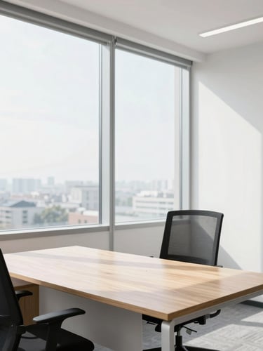 Bright modern private office with a clean wooden desk, ergonomic chair, and large window letting in crisp daylight, architectural framing, 35mm