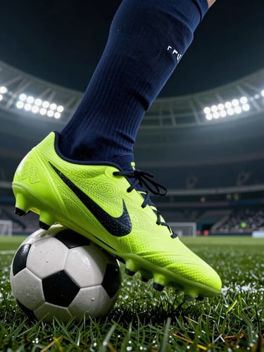 Extreme close-up of a football boot kicking a ball on wet turf, dramatic stadium floodlights, deep athletic navy tones with neon green accents