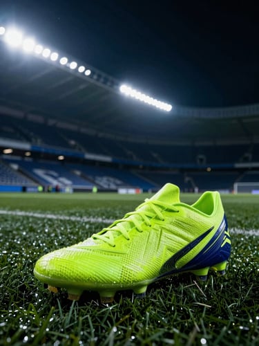 Extreme close-up of football boots on wet turf under dramatic night stadium floodlights, dynamic high-contrast sports photography, deep blue shadows with neon green highlights.