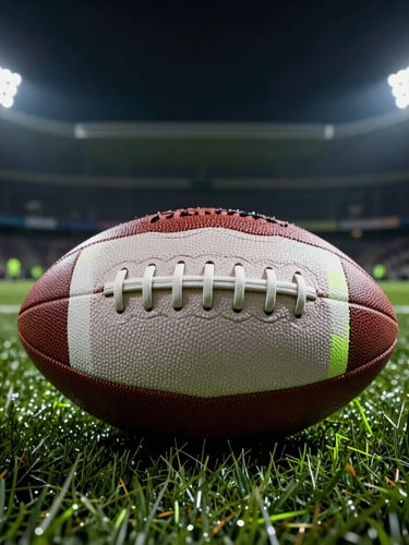 Extreme close-up of a football on wet turf under sharp stadium spotlights, dramatic shadows, neon green accents.