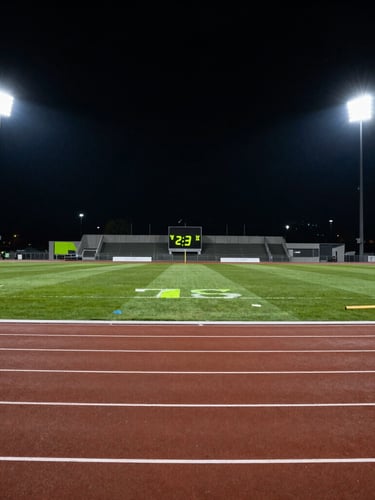 Wide panoramic view of athletic stadium tracks under bright night spotlights, high-contrast sports photography.