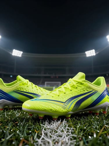 Close-up of soccer cleats on wet turf under dramatic night lighting, high-contrast sports photography.