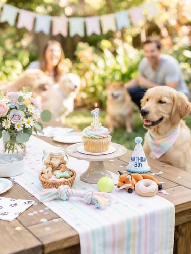 Brightly lit puppy birthday party tablescape, pastel color palette, bone-shaped cookies, small dog toys, high-key natural light, clean composition