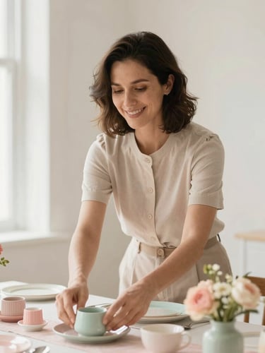 Portrait of a smiling woman (the founder) arranging a pastel-themed tablescape with natural window light, clean background, soft focus, shallow depth of field, warm neutral tones, pastel accents.