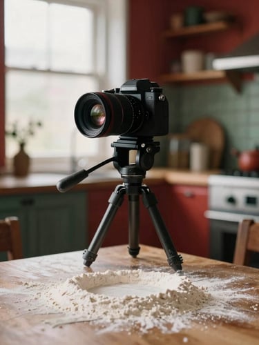 Close-up of a professional camera on a tripod in a warm, rustic kitchen, soft morning light illuminating fresh flour on a wooden table, cozy Scandinavian restaurant interior background, 35mm film style