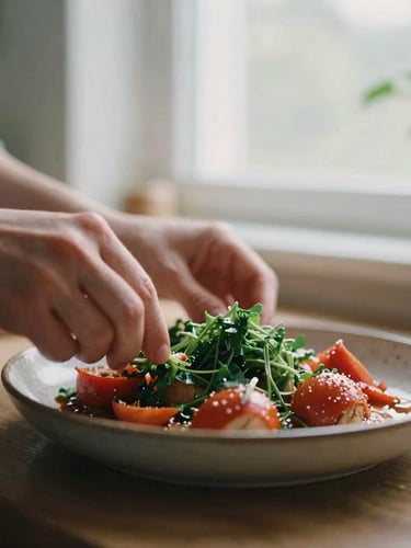 Close-up of hands carefully plating a rustic dish in a warm Scandinavian kitchen, soft natural window light, 35mm film style