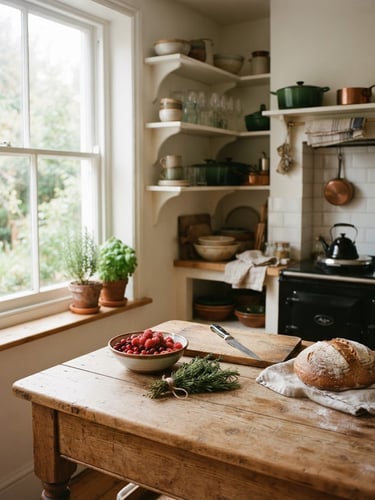 Cozy Scandinavian-style kitchen interior, soft natural morning window light casting gentle shadows across a rustic wooden prep table, rich crimson tones, 35mm film.