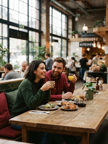 Cozy Scandinavian-style food hall interior, soft morning light filtering through high industrial windows, long wooden communal tables, rich crimson and forest green accents, shallow depth of field, 35mm film.