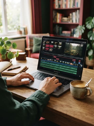 Hands editing a video timeline on a laptop, a warm ceramic mug of coffee beside them, soft morning window light, shallow depth of field, 35mm film.