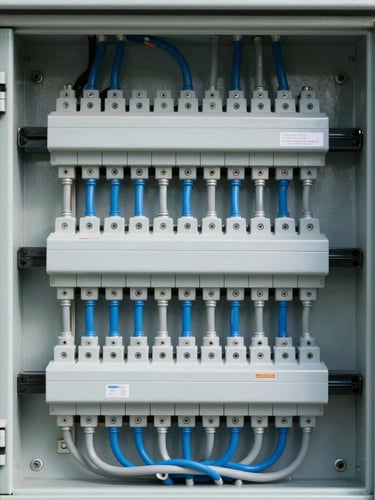 Crisp architectural photography of a neatly organized, newly installed electrical panel with perfectly routed safety blue and slate gray wires, bright cool daylight, sharp focus on the precise connections, 35mm lens