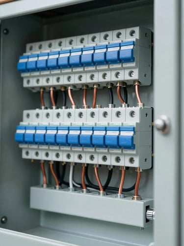 Crisp architectural detail of a modern electrical panel, perfectly organized copper wiring and safety blue breakers, bright cool-toned work light, sharp focus, 35mm lens.