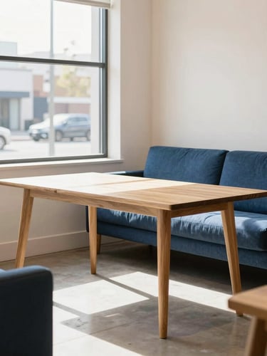 Bright modern furniture showroom in Salt Lake City, sun-drenched Scandinavian interior, oak tables and deep blue sofas, natural window light, 35mm