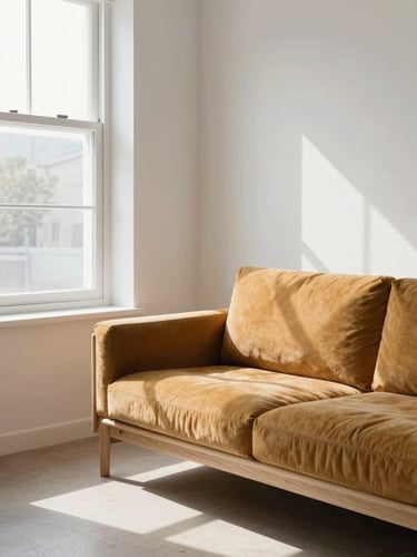 Bright editorial interior photography, natural window light, a modern Scandinavian living room with a solid-timber framed sofa, soft window shadows, 35mm