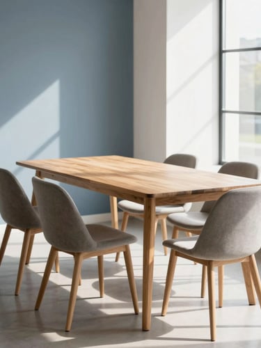 Sun-drenched modern furniture showroom, oak dining table and minimalist chairs, soft window shadows, bright Scandinavian interior design, 35mm