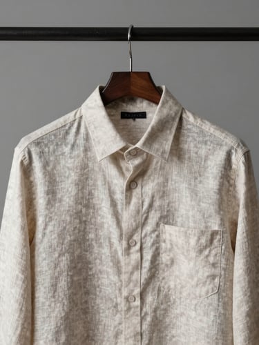 Minimalist studio shot of a perfectly tailored Reserva linen shirt on a dark geometric hanger, neutral grey background