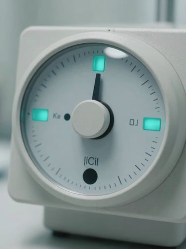 Macro photography of clinical hardware, top-down view of a sterile grey audiometer dial with teal indicator lights, bright neutral clinical laboratory lighting.